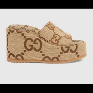NEW GUCCI JUMBO LOGO GG JACQUARD CANVAS PLATFORM SLIDES SOLD OUT EVERYWHERE!! 41